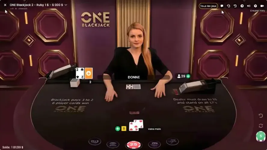 Croupière en direct sur une table de One Blackjack de Pragmatic Play